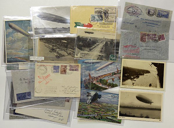Zeppelin related stamps and postcards: (lot of 31) Zeppelin related material including postcards and covers, especially noted are four Graf Zeppelin covers, a Graf Zeppelin postcard missing stamp, a postcard with cancel; world covers mostl