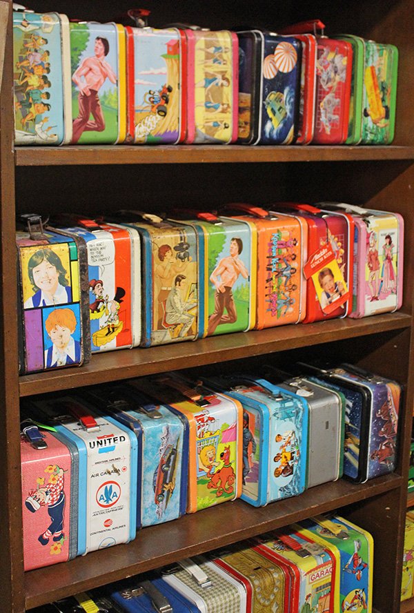 Vintage metal lunch boxes: (lot of 35) Vintage metal lunch boxes including Transformers, Tarzan, The Astronauts, Speed Buggy, Kung-Fu, They Flying Nun, Kaptain Kool and the Kongs, Scooby-Doo, The Black Hole, Davy Crockett, Trig