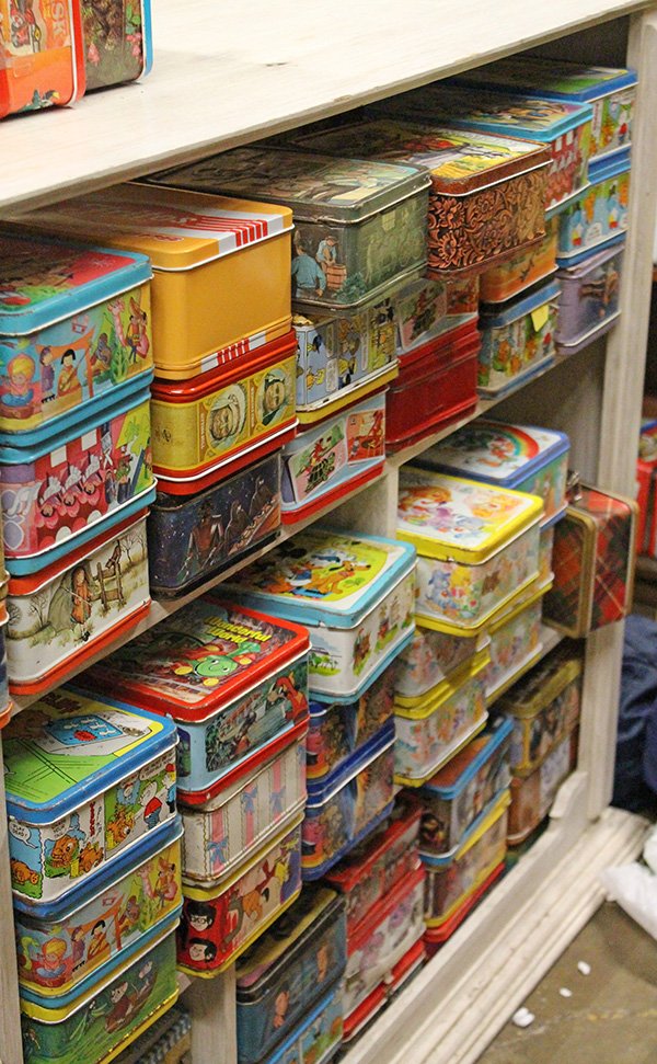 Vintage metal lunch boxes: (lot of 160) Vintage metal lunch boxes including an unopened The Lone Ranger, The Fox and the Hound, Pink Panthers and Sons, Three Little Pigs, Fritos, Sesame Street, Gunsmoke, Bonanza, Early West, Wa