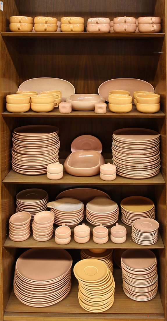 Russel Wright Steubenville pottery tableware: (lot of approx. 180) Russel Wright Steubenville pottery tableware in salmon consisting of dinner plates, salad plates, serving trays, bread plates, soup bowls, tea cups and saucers, demitasse cups and