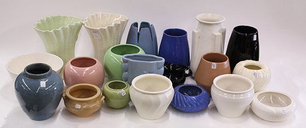 Art pottery group, mostly California: (lot of 20) Art pottery group, mostly California, including a small mottled green globular vase by Harold Johnson; a large Teco vessel, having a geometric form; several Bauer examples, executed in mot