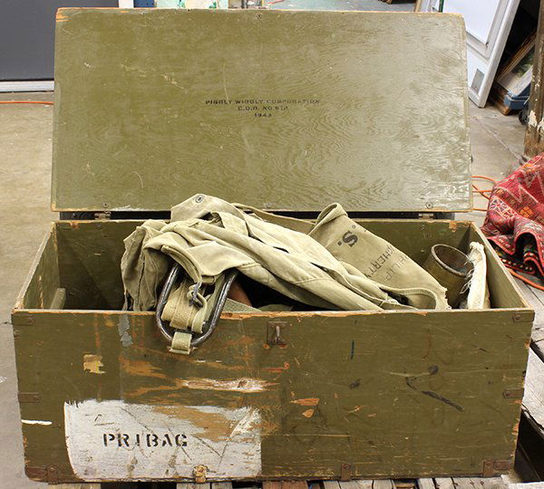 WWI-WWII military trunk with filed equipment: WWI-WWII military trunk with field equipment including back pack, first aid kit, boots, belts, Bible, etc.