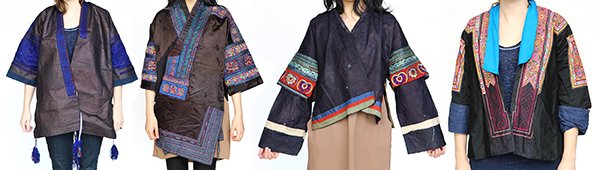 Southeast Asian blouses/coats embroidered with: (lot of 4) Southeast Asian blouses/coats embroidered with traditional textiles. Provenance: From the estate of Edward Gerber