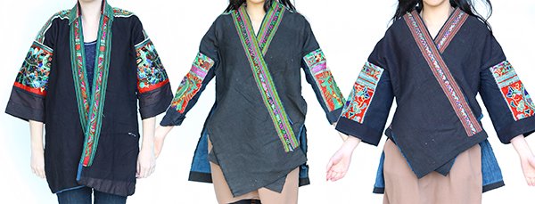 Southeast Asian blouses/coats: (lot of 3) Southeast Asian blouses/coats, each constructed of black cotton accented with Chinese style embroidery. Provenance: From the estate of Edward Gerber