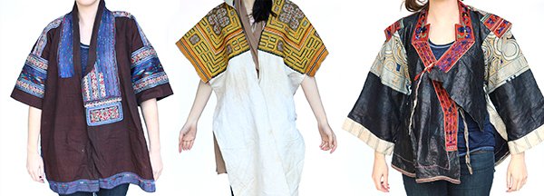 Southeast Asian blouses/coats embroidered with: (lot of 3) Southeast Asian blouses/coats embroidered with traditional textiles. Provenance: From the estate of Edward Gerber