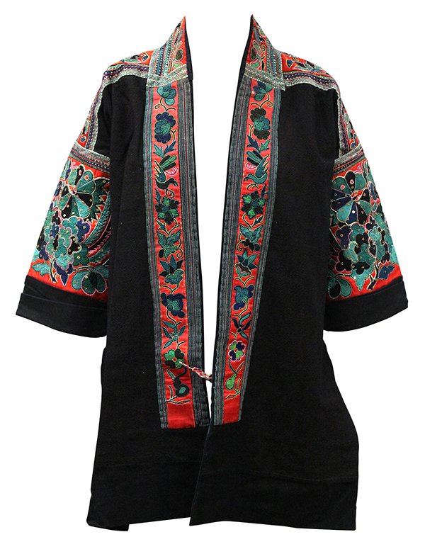 Southeast Asian blouses/coats embroidered with: (lot of 2) Southeast Asian blouses/coats embroidered with traditional textiles. Provenance: From the estate of Edward Gerber