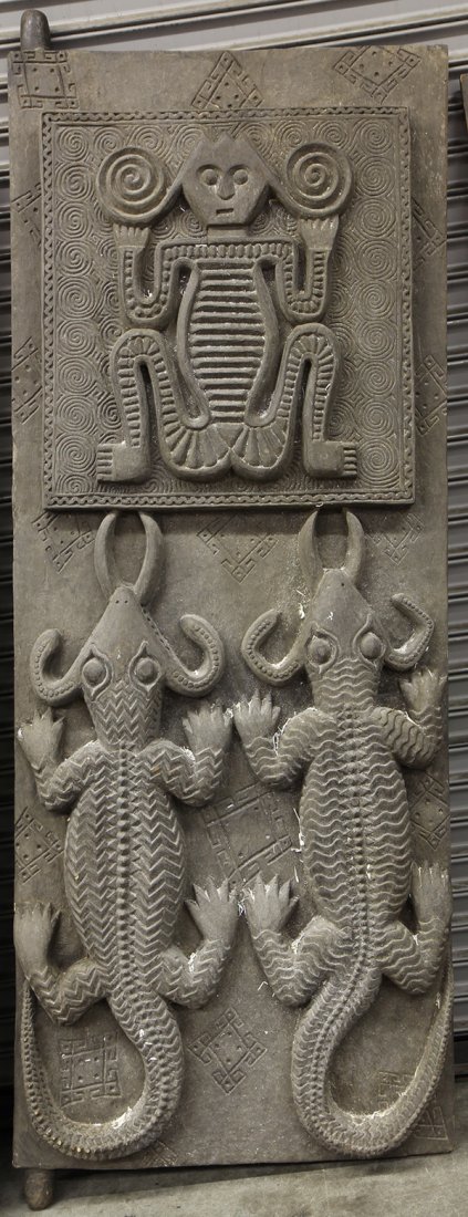 Batak style, Indonesia card wood door, second-half 20th: Batak style, Indonesia carved wood door, second-half 20th century, the decorative heavy panel featuring pronounced stylized figure and zoomorphs, 85"h. Provenance: From the estate of Edward Gerber
