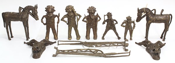 Burkina Faso, 20th century, decorative brass sculptures: (lot of 11) Burkina Faso, 20th century, decorative brass sculptures, including a pair of standing horses wearing bridles; five standing warriors with weapons in hand; and two horned masks, largest: 9"