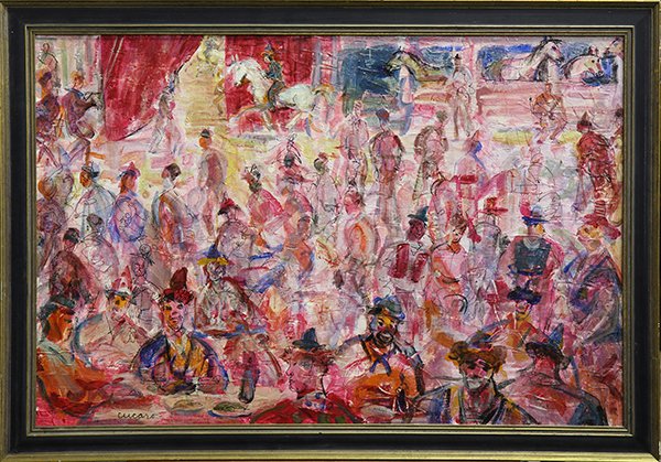Mixed media painting by Pascal Cucaro: Pascal Cucaro (American, 1915-2004), At the Cirucus, mixed media on canvas, signed lower left, overall (with frame):