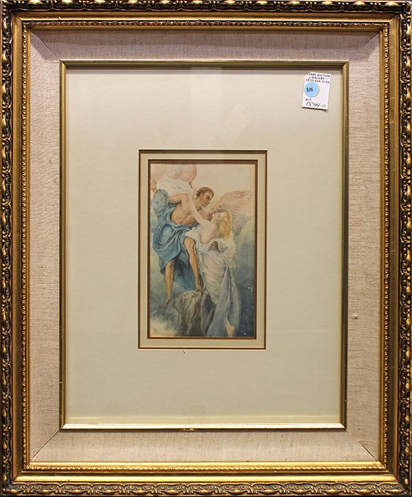 Watercolor, British School (19th c.), Angel with Female: British School (19th century), Angel with Female Nude, watercolor, unsigned, overall (with frame): 23.75"h x 19.5"w