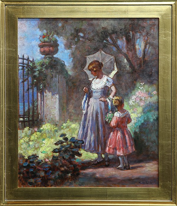 Painting, Nan Sheng Liu, Mother and Daughter: Nan Sheng Liu (Chinese, 20th century), Mother and Daughter in the Garden, oil on canvas, signed lower right, overall (with frame): 29"h x 25"w