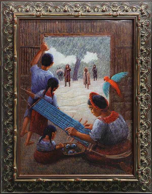 Painting, Conrad Buff: Conrad Buff (American, 1886-1975), Woman Weaving, oil on canvas board, bears signature lower left, overall (with frame): 39.5"h x 30"w. Provenance: Originally purchased from George Stern Fine Arts, We