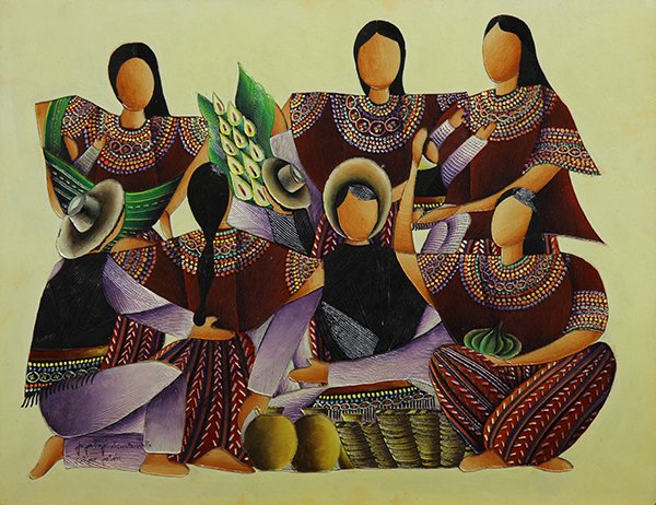 20th c. Continental School Paintings: (lot of 3) Continental School (20th century), Blue Donkey, Two African Women with a Bowl, and a Group of Mexican Women with Calla Lilies, acrylics on canvas, signed ''Chenet Pepe'' lower center, unsig