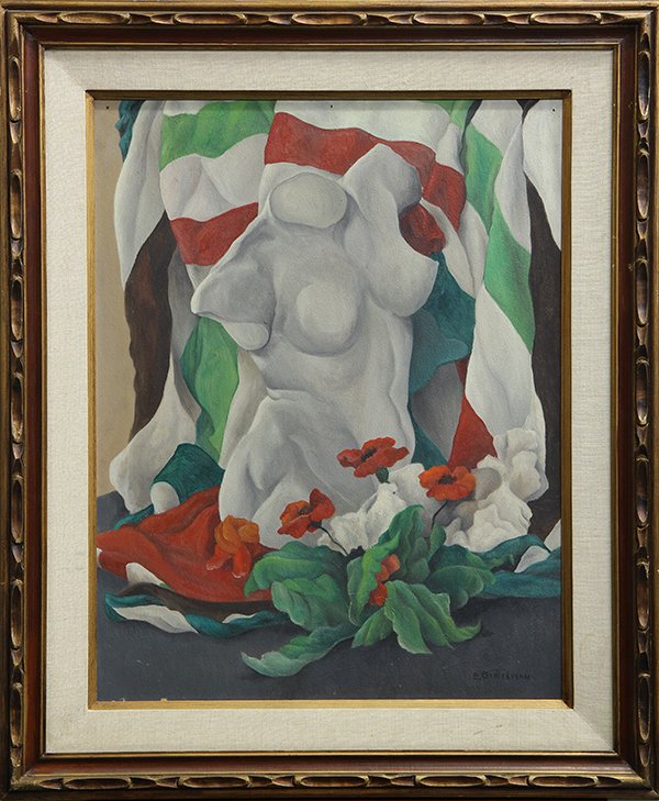 20th c. Continental School Painting: Continental School (20th century), Marble torso with red poppies, oil on board, signed ''E. Bihelman'' lower right, overall (with frame): 36.75''h x 30.75''w