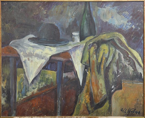 20th c. German School, Still Life Painting: German School (20th century), Still life with bowler hat, wine bottle and glass, oil on board, signed ''M. Huber'' lower right, signed and titled verso, overall (with frame): 25.75''h x 31.5''w
