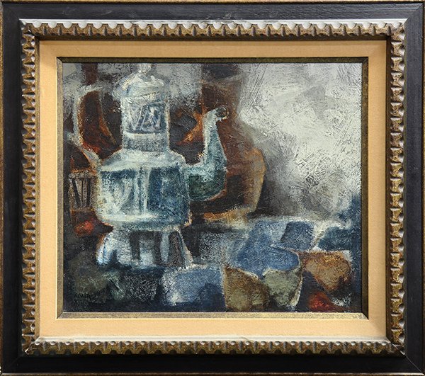 20th c. Continental School Painting: Continental School (20th century), Cubist Teapot, oil on canvas, signed ''Alvar'' lower left, overall (with frame): 26.5''h x 30''w