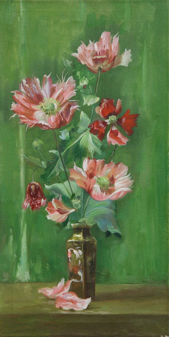 Paintings After Alberta Binford McCloskey and After: (lot of 2) After Alberta Binford McCloskey (American, 1863 -1911), "Pink Poppies" and After Frederic Edwin Church (American, 1826-1900), View of Mount Chimborazo, acrylics on canvas, each bears no sig