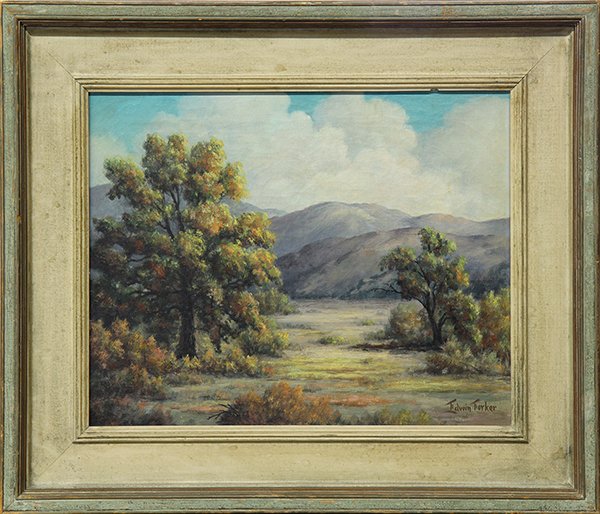 Painting, Edwin LeRoy Forker: Edwin LeRoy Forker (American, 1876-1958), California Oaks, oil on canvas, signed lower right, artist label affixed verso, canvas: 16"h x 20.25"w, overall (with frame): 23.5"h x 27.75"w