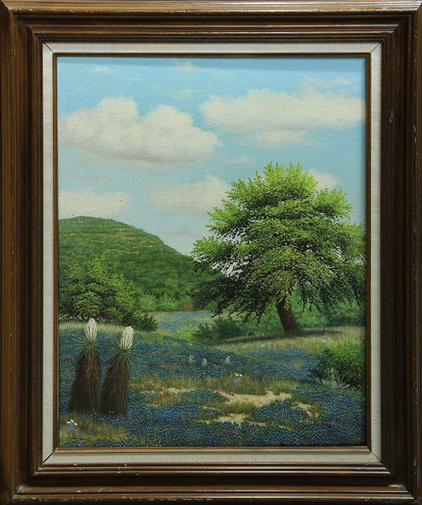 Painting, Manuel Garza: Manuel Garza (American, b. 1940), Bluebonnets with Two Sentinels, oil on canvas, signed lower left, canvas: 30"h x 24"w, overall (with frame): 38"h x 32"w