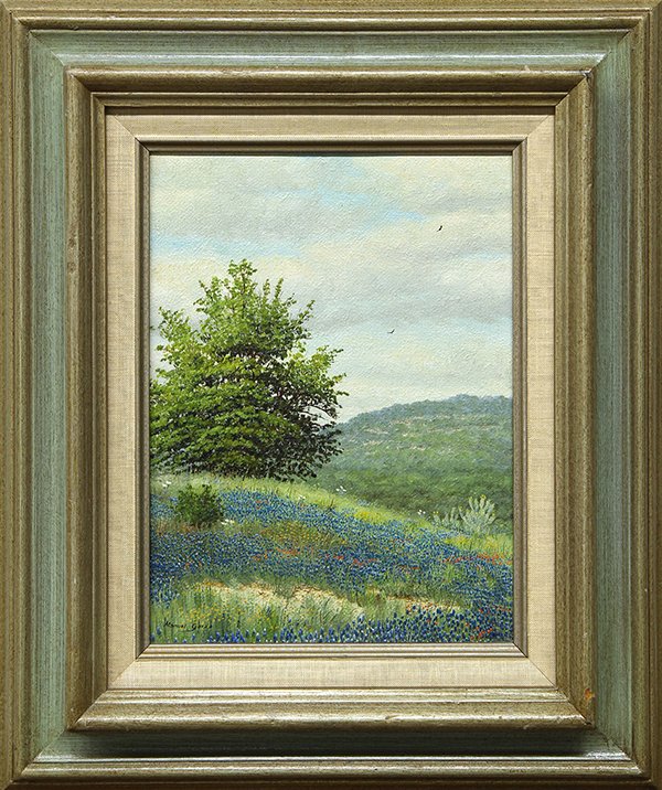 Paintings by Manuel Garza: (lot of 2) Manuel Garza (American, b. 1940), Sentinels in a Wildflower Field & Blue Bonnets, oils on canvas, each signed lower left, largest overall (with frame): 20.5"h x 17.5"w