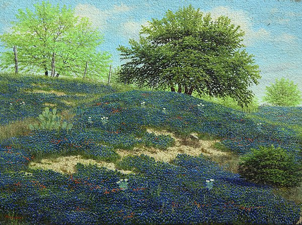 Painting, Manuel Garza: Manuel Garza (American, b. 1940), Blue Bonnets in a Summer Landscape, oil on canvas, signed lower left, canvas (unframed): 18"h x 24"w