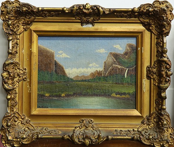Paintings, Various Landscapes: (lot of 4) California School (19th/20th century), Various Landscapes (Yosemite, Mountain, and River Scenes), oils on board, each signed or monogrammed, and Continental School (19th century), Stream Th