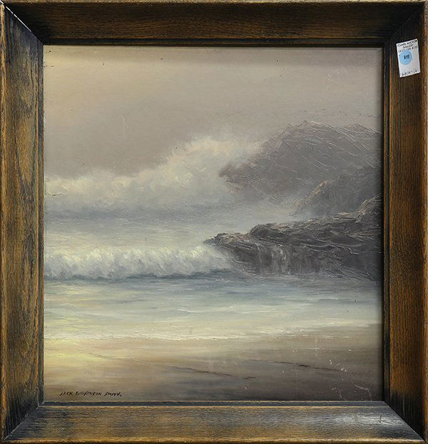 Painting, Follower of Jack Wilkinson Smith: Follower of Jack Wilkinson Smith, Crashing Wave in the Mist, oil on board, bears signature lower left, overall (with frame): 22.75"h x 21.75"w