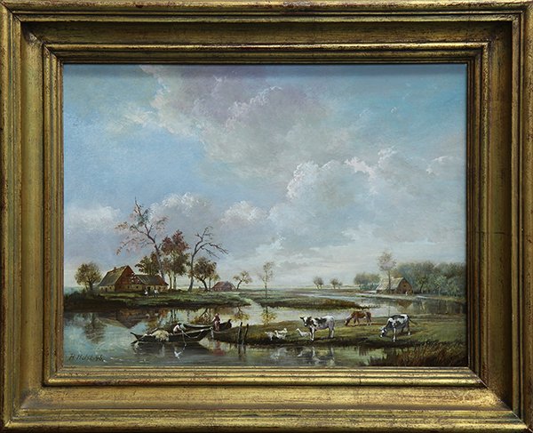 Painting, Continental School (20th century), River: Continental School (20th century), River Landscape with Figures, Boats, Cattle and Ducks, 1946, oil on board, signed and dated "R. Holst '46" lower left, overall (with frame): 16.5"h x 20.25"w