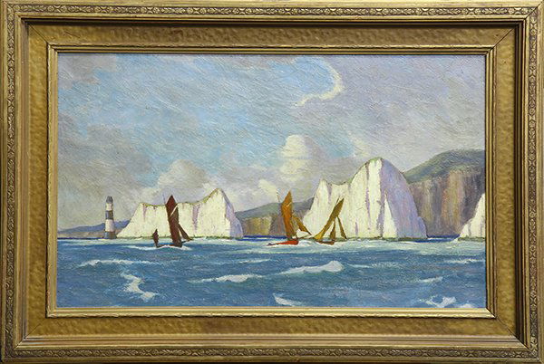 Painting, British School (20th c.), Sailboats Along: British School (20th century), Sailboats Along Dover Coast with Beachy Head Lighthouse, oil on board, unsigned, board: 19"h x 32"w, overall (with frame): 27"h x 40"w