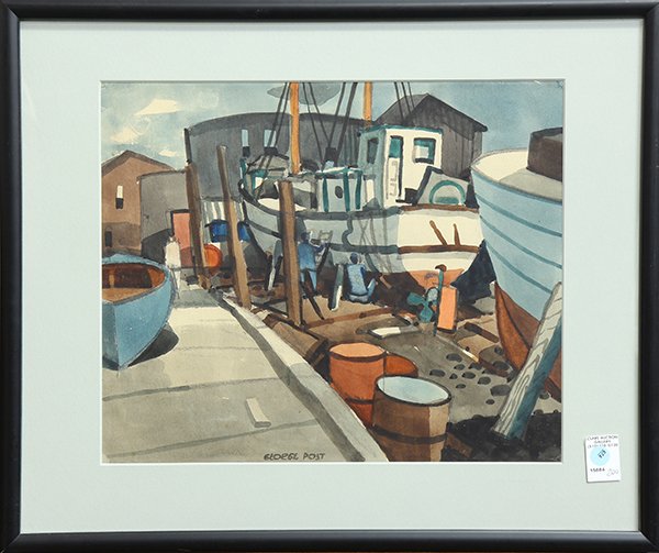 Watercolor, George Booth Post: George Booth Post (American, 1906-1997), Repairing the Hull at the Boatyard, watercolor, signed lower center, overall (with frame): 12.5"h x 21.25"w