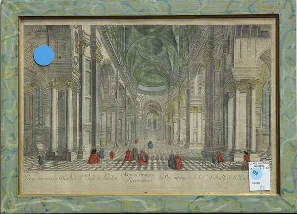 19th Century Prints, Greco Roman Scenes: (lot of 5) Continental School (19th century), Depictions of Greco-Roman Cathedrals and Grand Rooms, engravings with hand-coloring, overall (with frame/largest): 17.5"h x 24.5"w