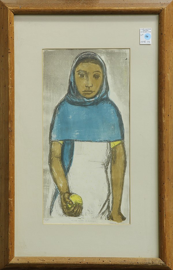 Print, Max Kahn, Girl with Orange: Max Kahn (American, 1903-2005), "Girl with Orange," woodcut with hand-coloring, pencil signed lower right, titled center, overall (with frame): 30.5"h x 19.5"w