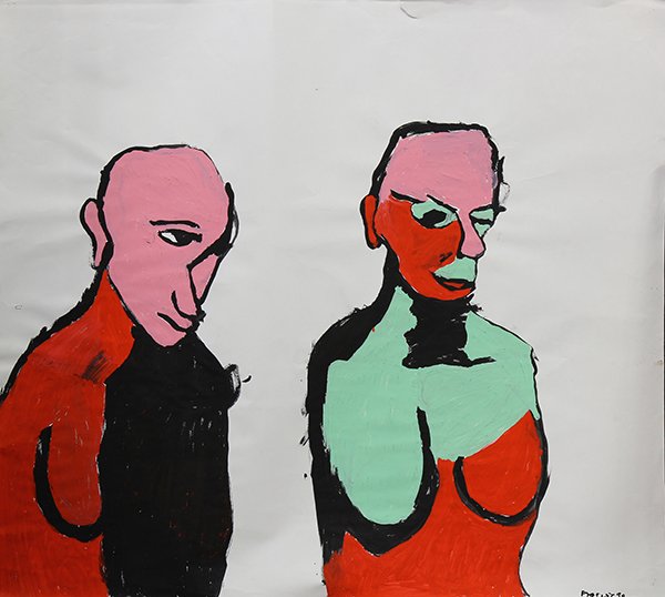 Works on paper, Phe Ruiz: (lot of 2) Phe Ruiz (American, b.1965), Two Figures (1999) and ''Cops'' (2000), acrylic on paper and charcoal and gouache, signed and dated lower right / left, title label affixed verso on one, sheet