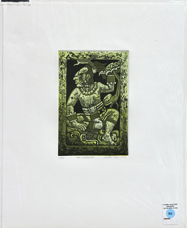 Print, Xavier Viramontes: Xavier Viramontes (American, Contemporary), "The Gardener," hand colored etching, edition 11/50, pencil signed lower right, titled center, overall (with mat): 20"h x 16"w