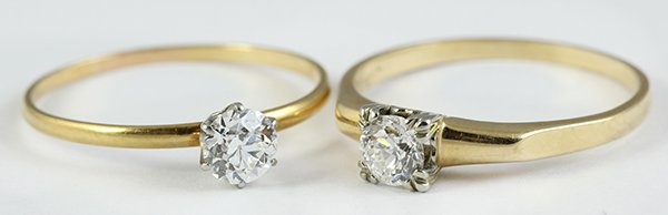 (Lot of 2) Diamond rings: (Lot of 2) Diamond rings including a platinum and 14k yellow gold solitaire mounting set with one old European cut diamond weighing approximately 0.45 ct., Shreve, Circa 1915, Size 8, 1.1 grams; and o
