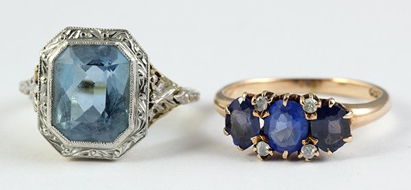 (Lot of 2) Vintage rings: (Lot of 2) Vintage rings including an Art Deco aquamarine, platinum and 18k yellow gold filigree ring, size 3 1/2; together with a Victorian garnet topped doublet, diamond and 10k rose gold ring, size