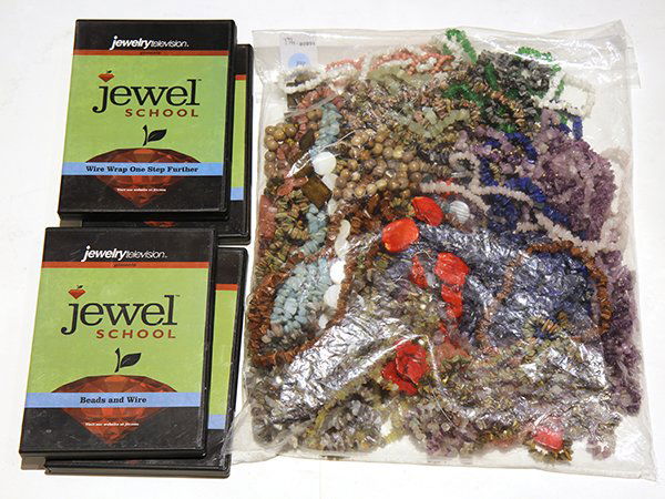 Collection of beads and Jewelry DVD's: Two bag lots containing a collection of gemstone, shell, glass and miscellaneous beads, together with a spool of wire and three Jewelry Television - Jewelry School DVD's