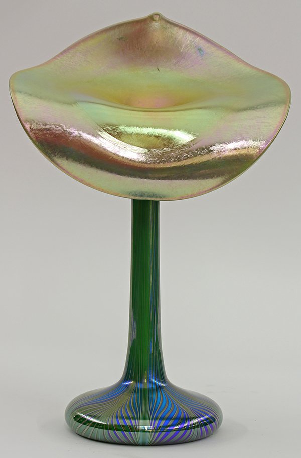 Orient & Flume jack-in-the-pulpit vase: Orient & Flume jack-in-the-pulpit vase, executed in gold, green, and blue aurene, having a gold aurene pan rising on a tapering standard with a pulled feather design and ending on a circular foot, ret