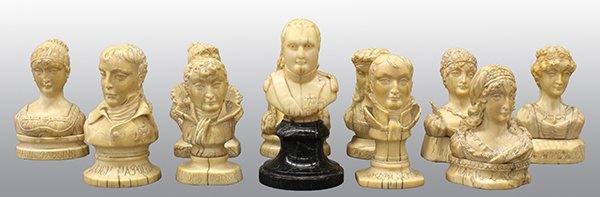 (lot of 12) Continental Napoleonic miniature ivory: (lot of 12) Continental Napoleonic miniature ivory busts, 19th century, each depicting the noble family, including Josephine, Hortense Eugenie, Jerome Napoleon, Mary Anunnciade Caroline, Lucien Napole