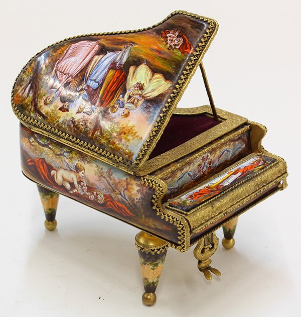 Miniature Viennese style enamel grand piano music box