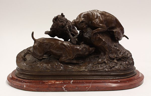 Pierre Jules Mène sculpture: Pierre Jules Mène (French, 1810-1879), patinated bronze figural sculpture, depicting three dogs on the hunt, mounted on a marble base, signed, 9"h x 16"w x 8"d.