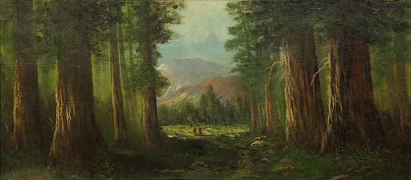 Painting, Paul Grimm, Path Through the Redwoods: Paul Grimm (American, 1891-1974), Path Through the Redwoods, oil on canvas, signed lower left, canvas: 18"h x 40.25"w, overall (with frame): 26"h x 47.75"w