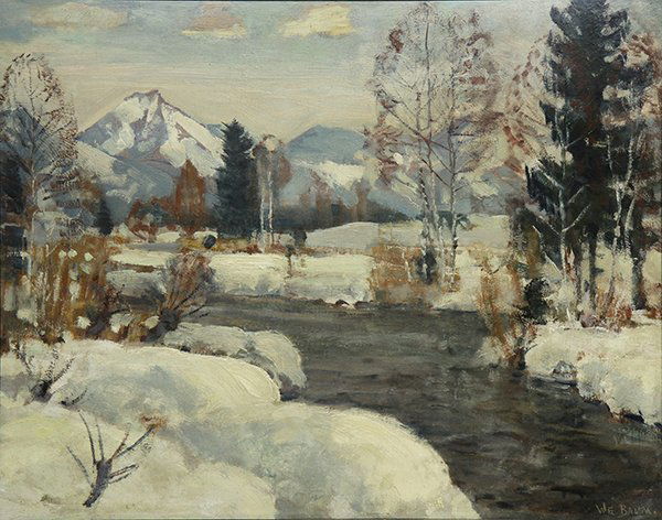 Painting, Walter Emerson Baum: Walter Emerson Baum (American, 1884-1956), Snow Scene with Creek, oil on board, signed lower right, board: 19.25"h x 24"w, overall (with frame): 25"h x 30"w