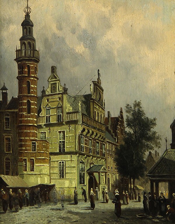 Attributed to Adrianus Eversen (Dutch, 1818-1897),: Attributed to Adrianus Eversen (Dutch, 1818-1897), Village Street Scene with Figures, oil on panel, bears signature lower right, artist placard affixed lower center, panel: 10"h x 8"w, overall (with f