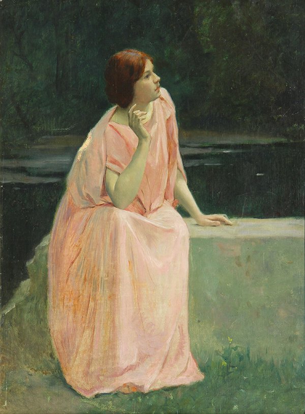 Painting by Edmond Anne Antoine Tapissier: Edmond Anne Antoine Tapissier (French, 1861-1943), The Pink Dress (Dame Tapissier), circa 1904, oil on canvas, unsigned, title inscribed verso, canvas: 25"h x 16.75"w, overall (with period frame): 30"