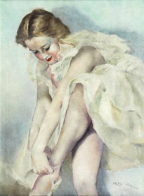 Painting by Pal Fried: Pal Fried (American/Hungarian, 1893-1976), Dancer with Shoe Strap, oil on canvas, signed lower right, sight: 30.75"h x 23"w, overall (with frame): 38''h x 30.5''w