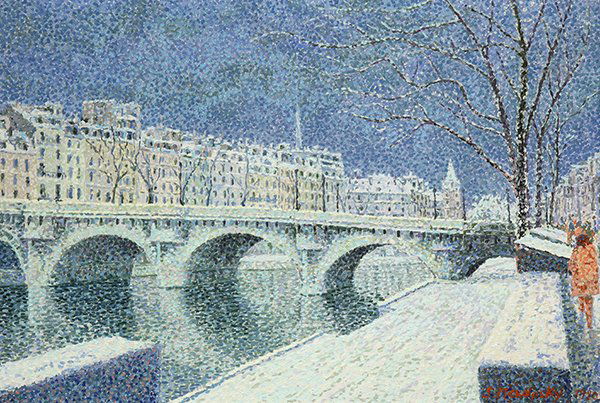 Painting by Serge Mendjisky: Serge Mendjisky (French, b. 1929), "Pont Neuf," 1980, oil on canvas, signed and dated lower right, gallery label (Richmond Gallery, London, UK), canvas: 25.5"h x 38"w, overall (with frame): 33"h x 43.