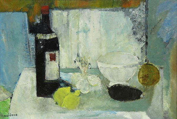 Painting by Guy Bardone: Guy Bardone (French, b. 1927), ''La Nappe Blanche'' oil on canvas, signed ''Bardone'' lower left, signed and titled verso, Galerie Formes et Styles (Bordeaux, France) label affixed verso, canvas: 19.7
