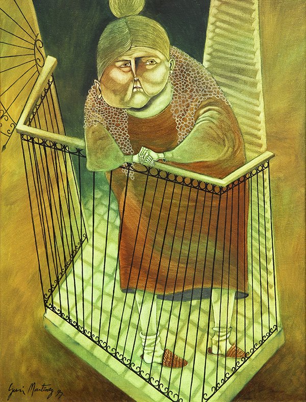 Painting by Yuri Martinez Ramos: Yuri Martinez Ramos (Cuban, b. 1966), "Desde El Balcon," 1997, oil on canvas, signed and dated lower left, titled, dated and signed verso, canvas: 33.25"h x 25.5"w, overall (with frame): 38"h x 30.25"