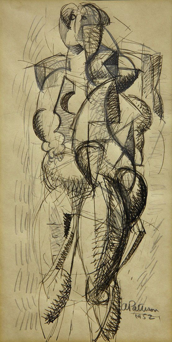 Drawing by Abbott Pattison: Abbott Lawrence Pattison (American, 1916-1999), Cubist Figure, 1952, ink and graphite drawing, signed and dated lower right, sheet: 10''h x 5.25''w, overall (with mat): 17''h x 12''w. Provenance: The